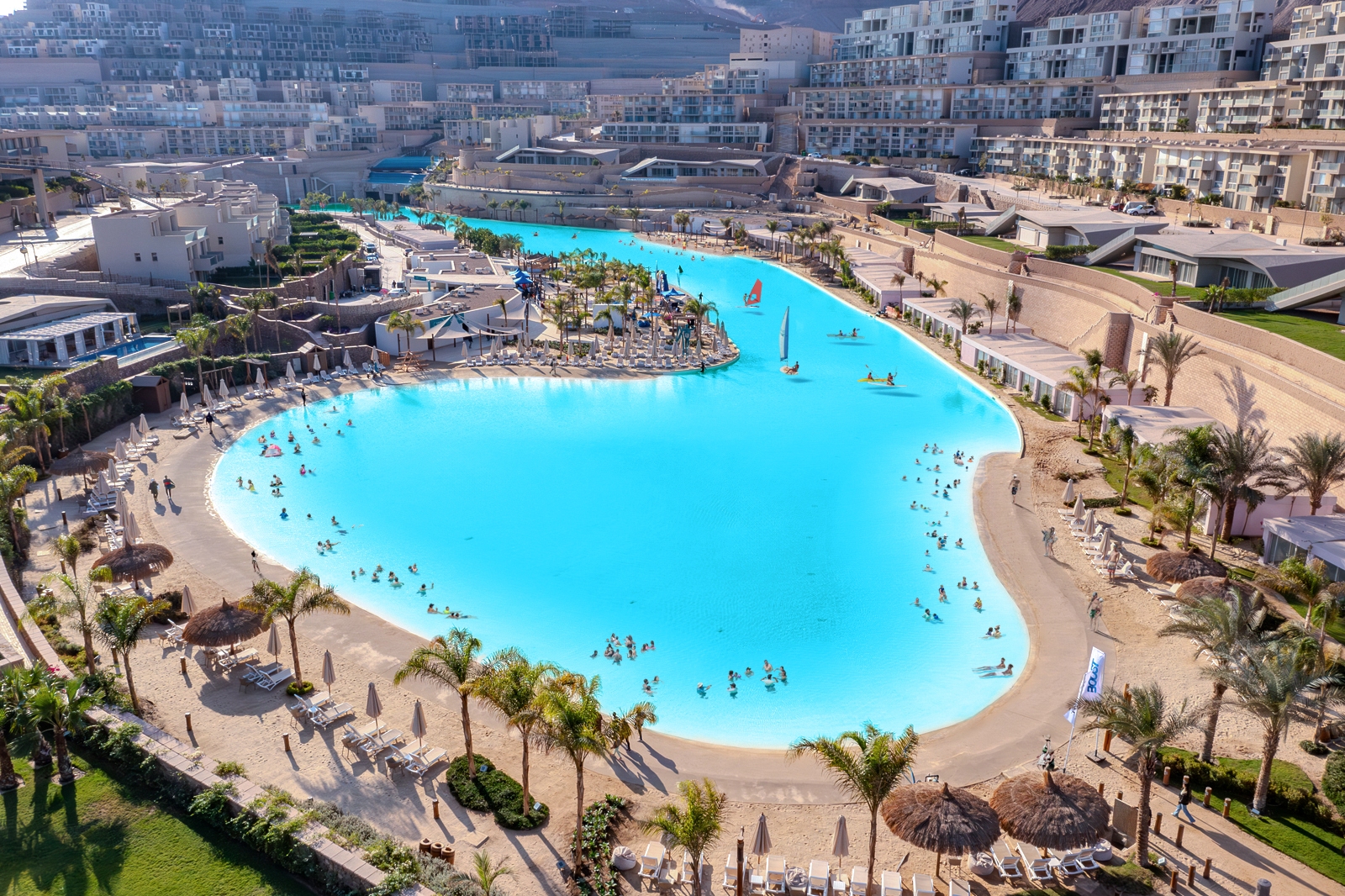 Aerial view of Il Monte Galala resort with Crystal Lagoons in Ain El Sokhna, Egypt