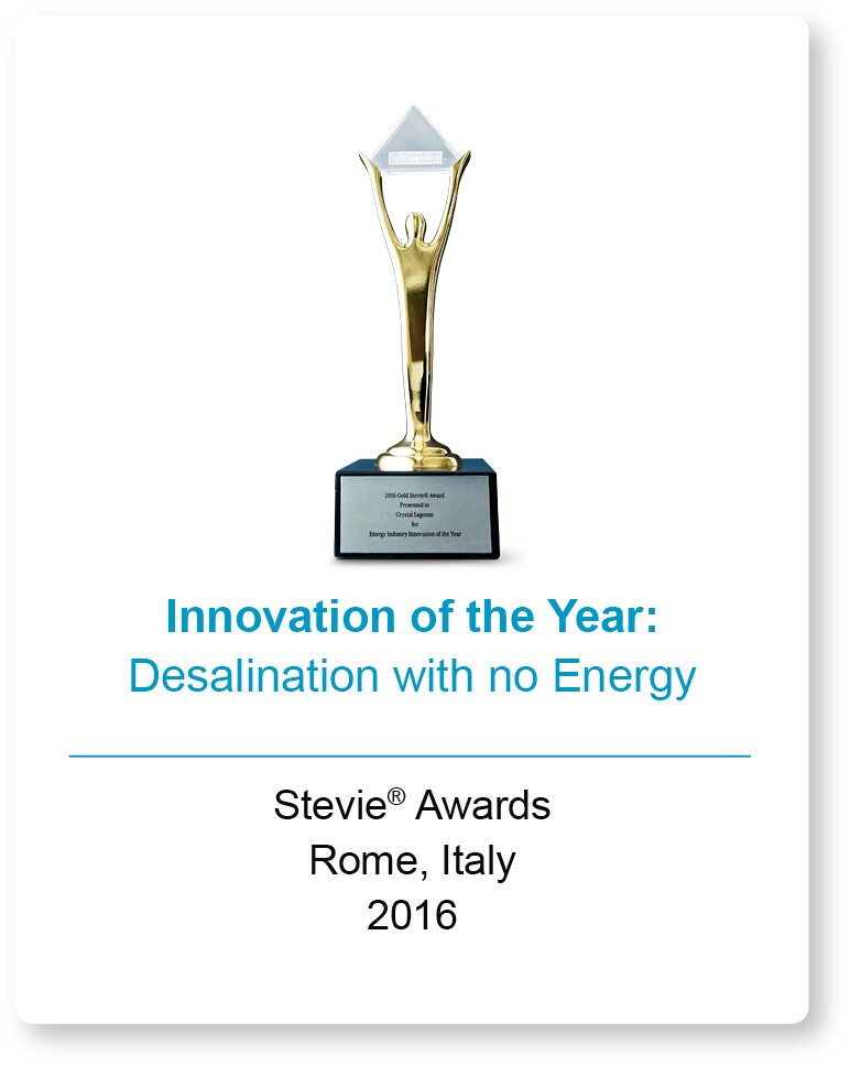 Gold Stevie Award 2016, Innovation of the Year for Crystal Lagoons energy-free desalination