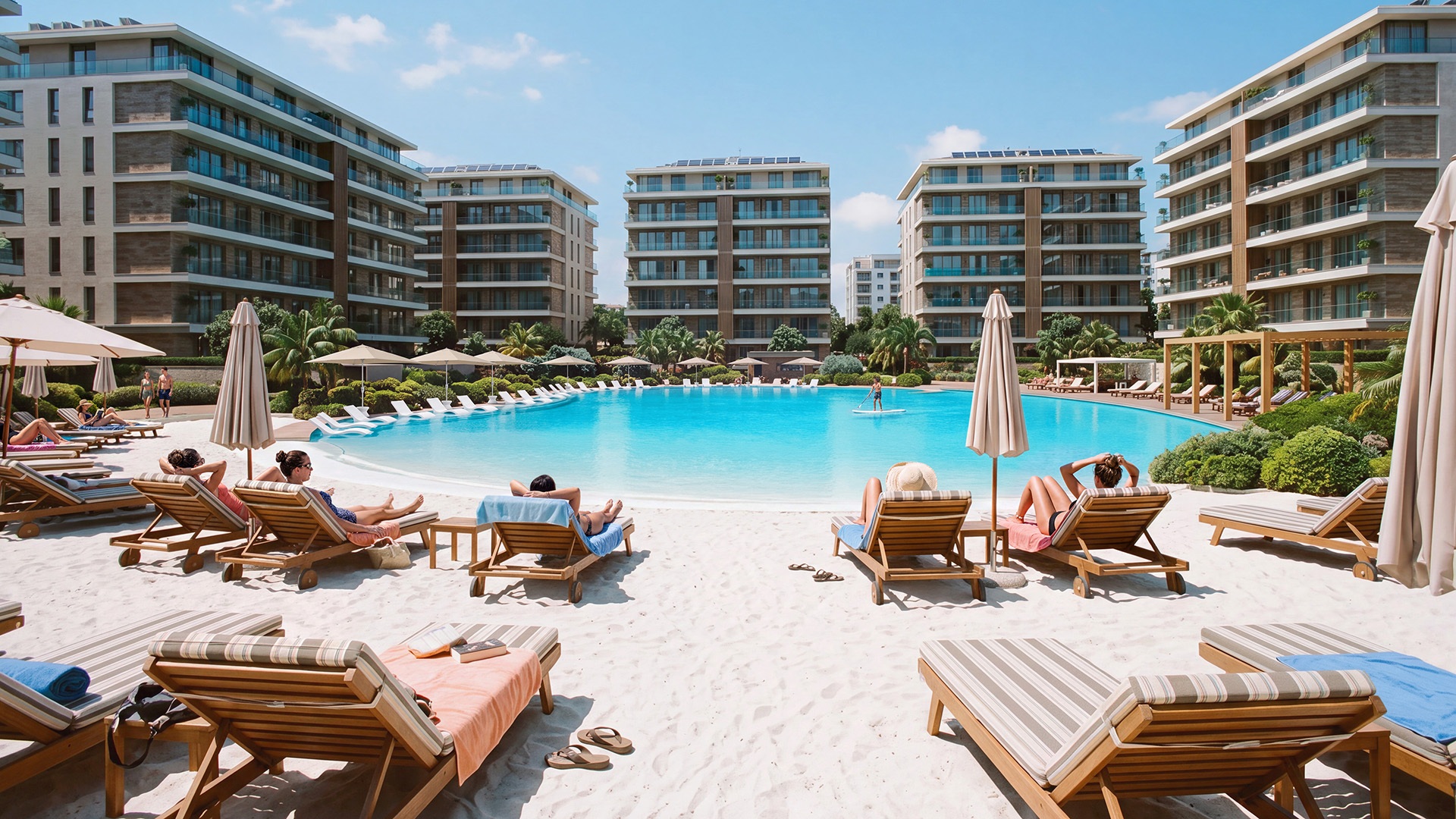 White-sand beach with lounge chairs beside a turquoise lagoon and modern buildings