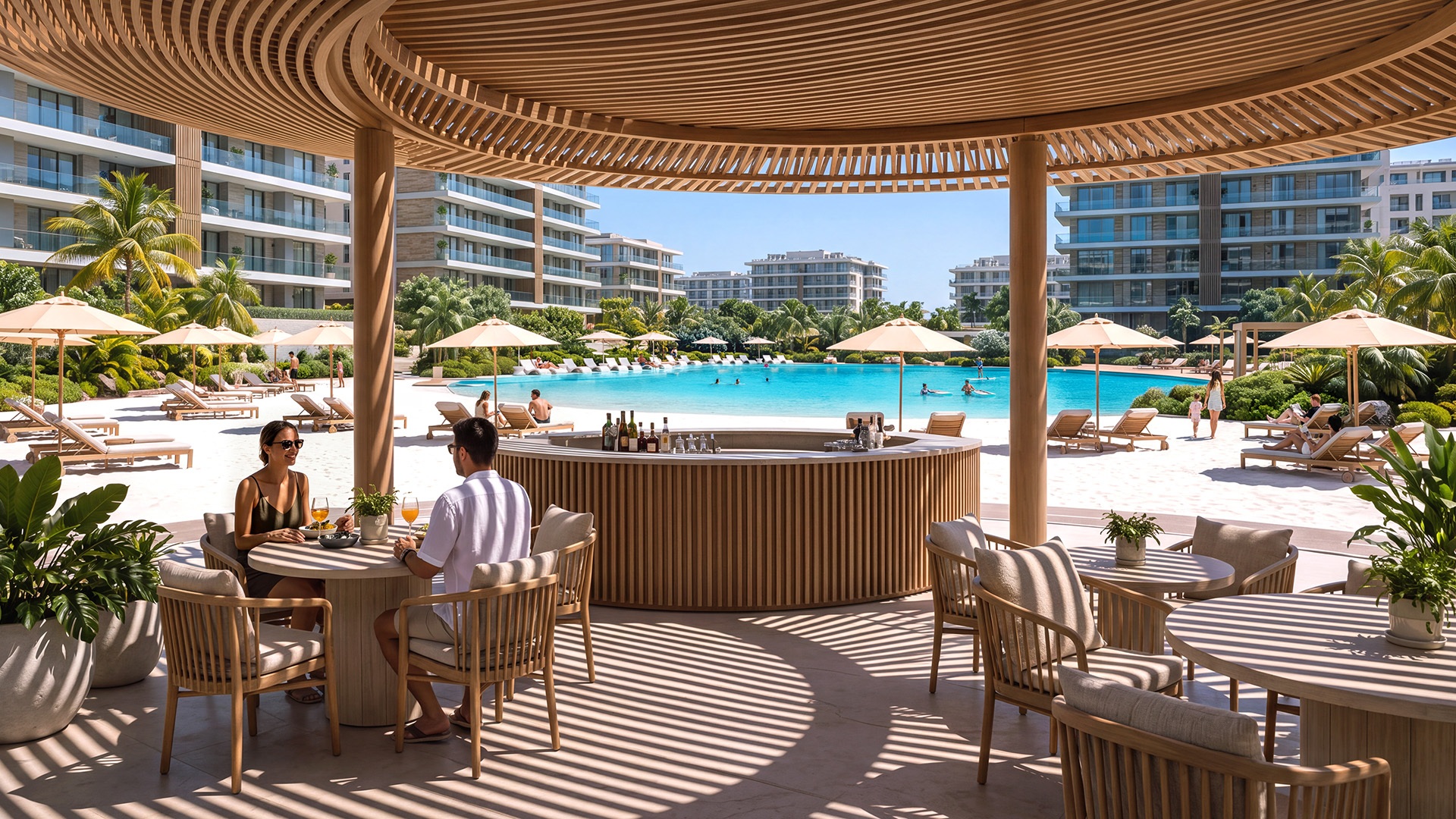 Shaded terrace and beach bar overlooking a turquoise lagoon with white-sand shores