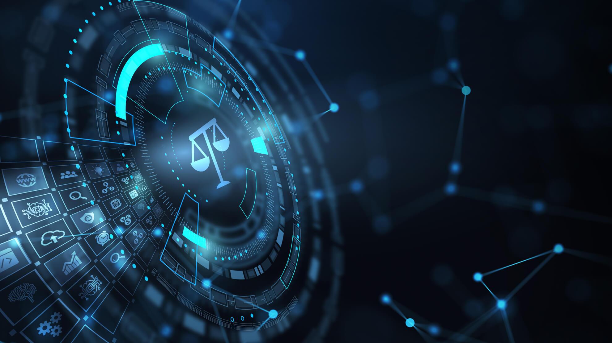 Digital illustration of a scale of justice over circuit graphics, symbolizing patent protection