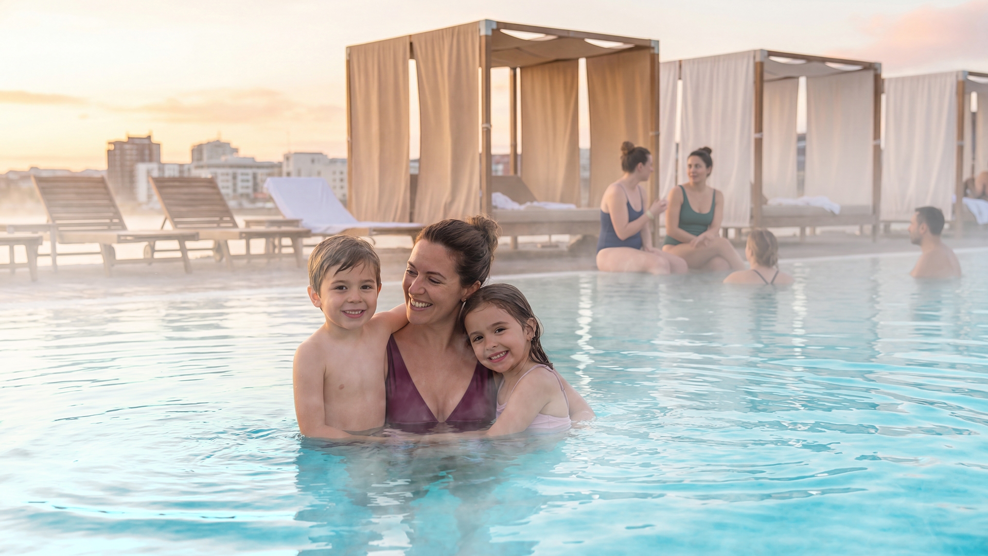 Familia disfrutando del agua tibia durante todo el año en una laguna eco-calefaccionada de Crystal Lagoons