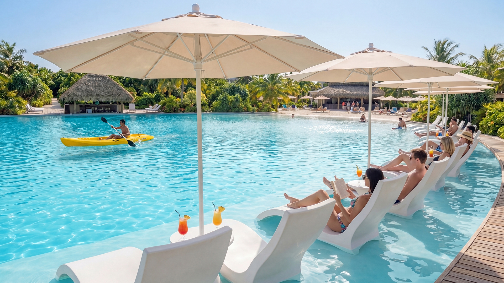 Guests unwinding with drinks on submerged loungers at the Lagoon Lounge shallow edge