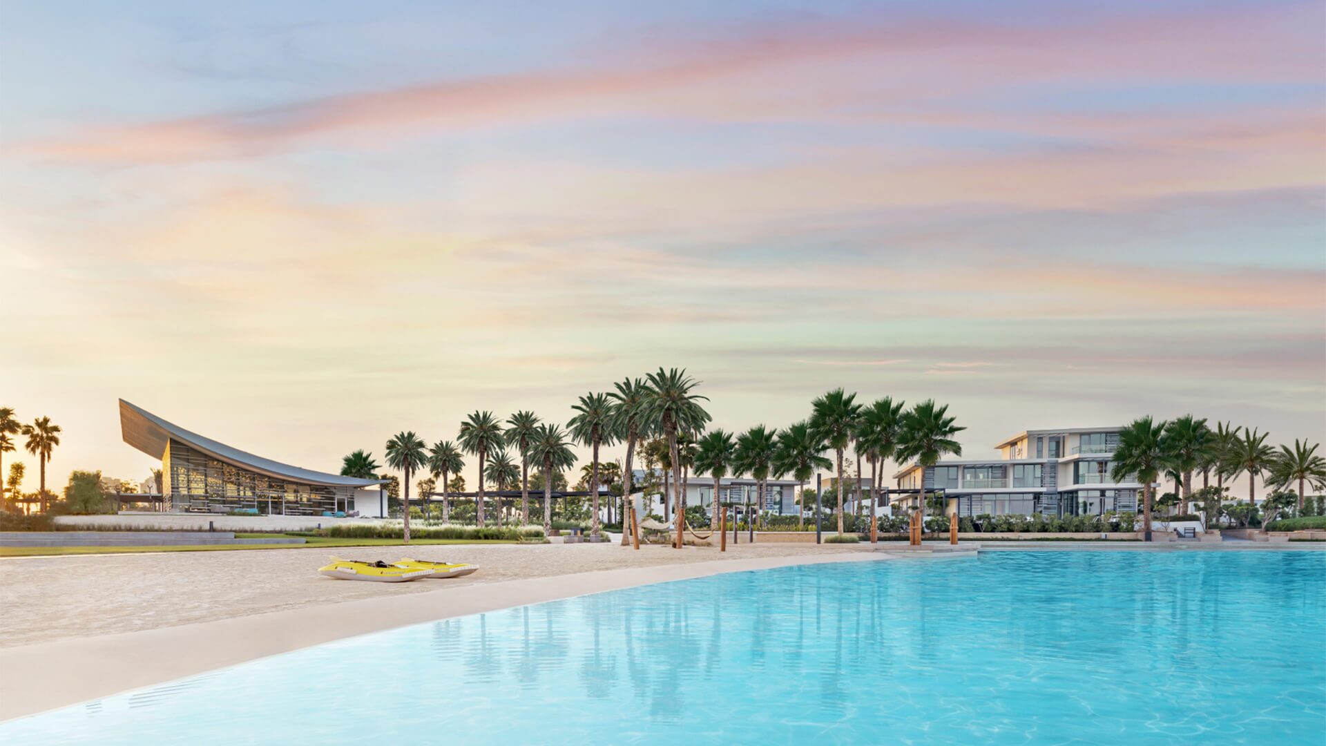 Tilal Al Ghaf project page, Crystal Lagoons development with beach club in Dubai, UAE